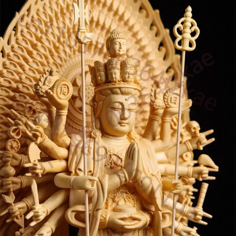 Hand Carved Cypress Wood Standing Thousand-Hand Guanyin Avalokiteshvara Statue Figurine with Lotus Base for Home Temple Altar