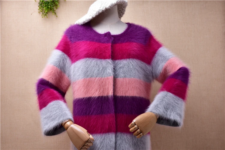 female women autumn winter thick warm striped mink cashmere knitted three quarter sleeves loose cardigan angora fur coat sweater