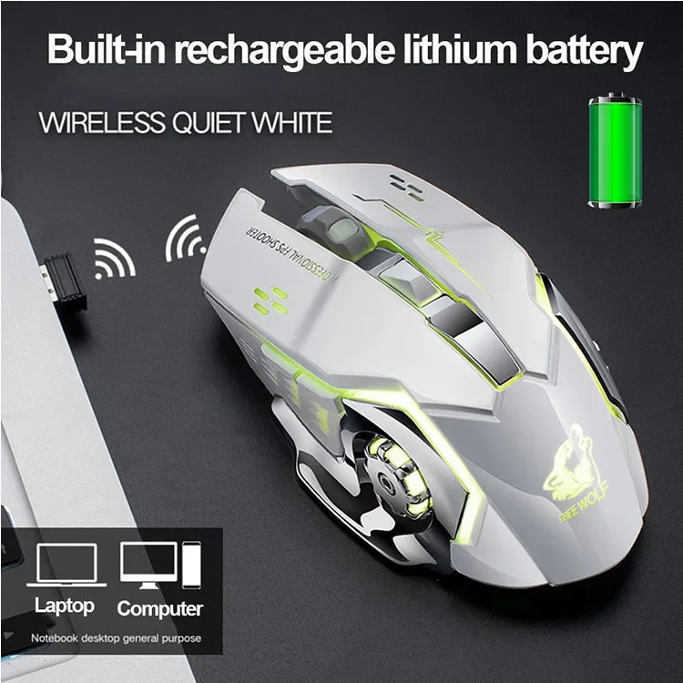 Free Wolf X8 Wireless Mouse Luminous Charging Mechanical Gaming Mouse Black and White Home Office Silent Mouse for PC Gamer Gift