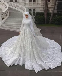 2023 Muslim Hijab Wedding Dress A Line O Neck Long Sleeves Luxury Lace Bridal Gowns Appliques Robes De Mariees Luxe Dubai Custom