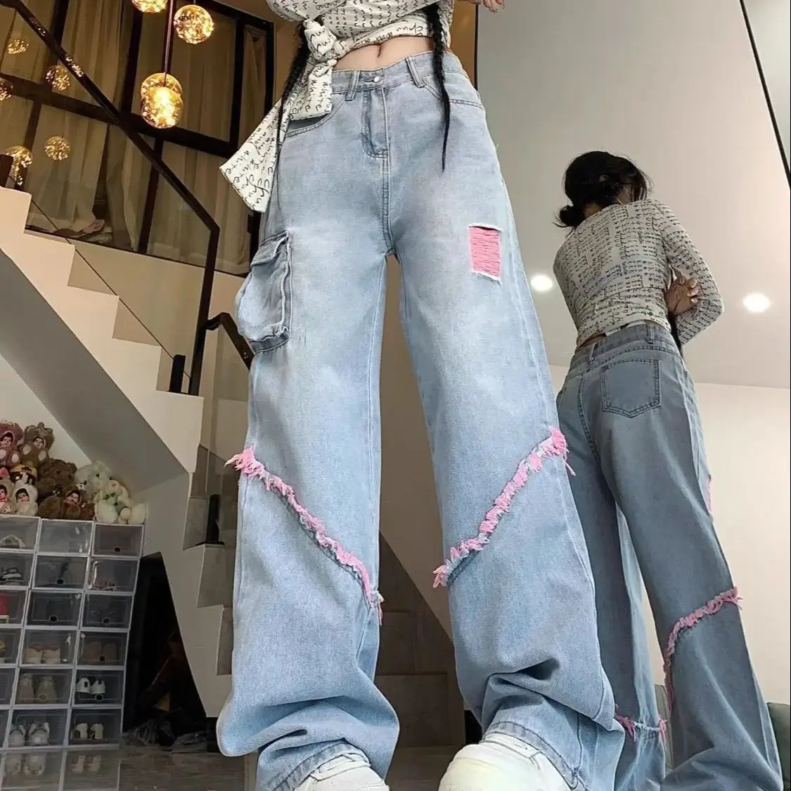 Calça jeans folgada de perna larga feminina, cintura alta, buraco, vintage, azul, desgastada, moda americana, Y2K Streetwear, calça feminina