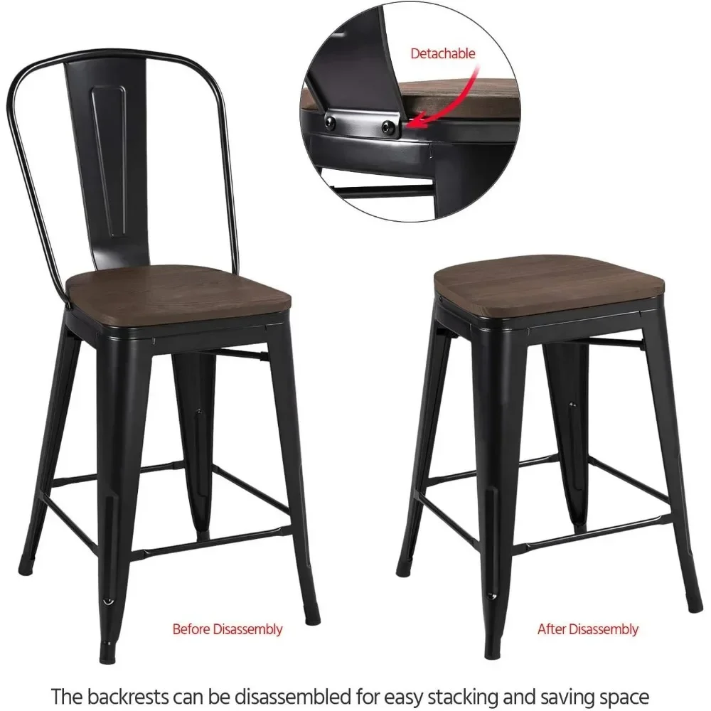 24Inch Seat Height Dining Stools Chairs with Wood Seat/Top and High Backrest, Industrial Metal Counter Height Stool，set of 4