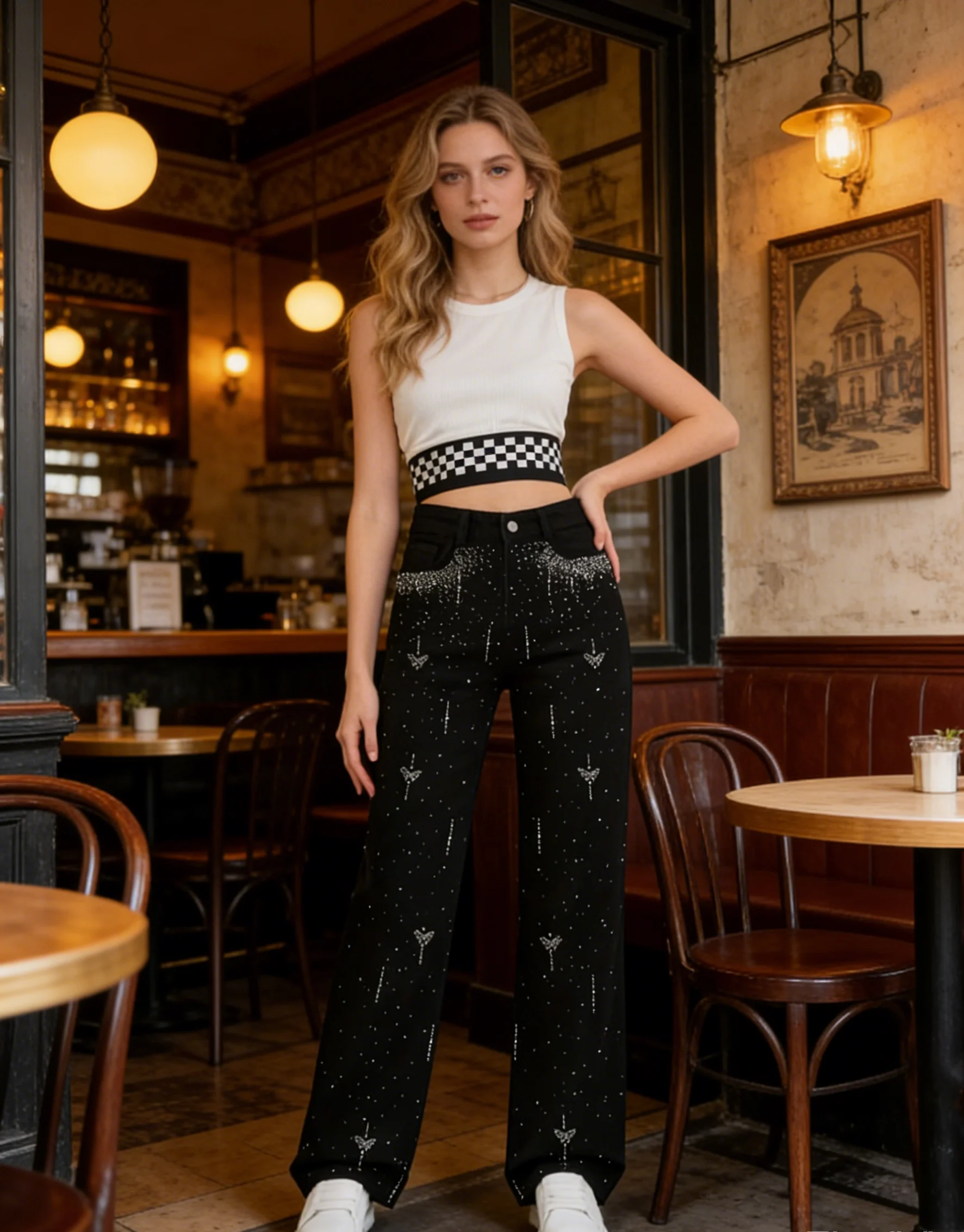 Pantalones vaqueros negros con diamantes de imitación de longitud completa para mujer, pantalones vaqueros informales ajustados con diseño degradado de diamantes, pierna recta