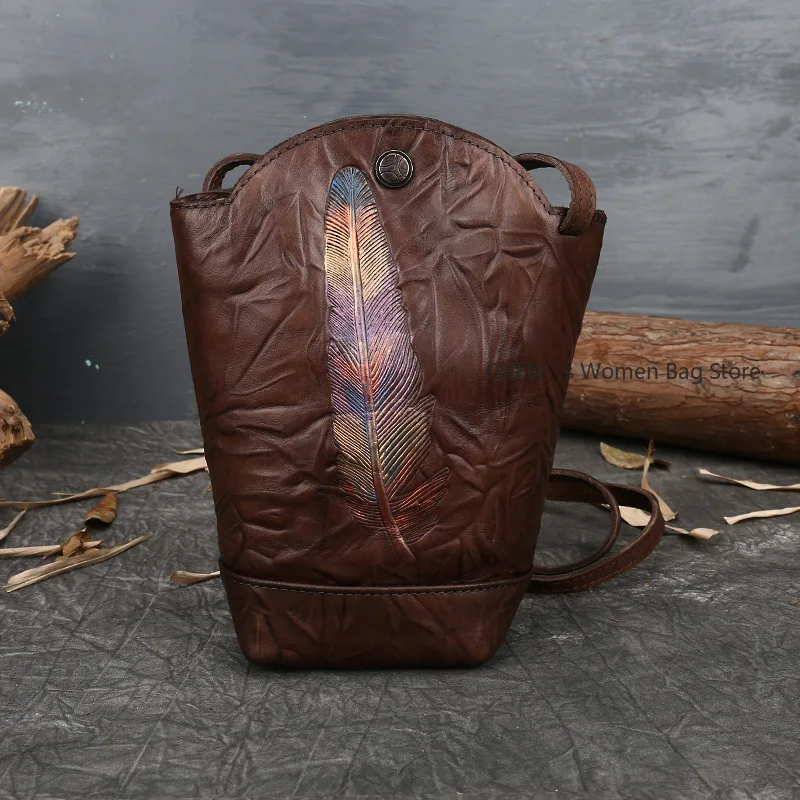 

Genuine Leather Small Bucket Bag Women Crossbody Shoulder Bag Retro Phone Purse Fashion Handbag for Ladies