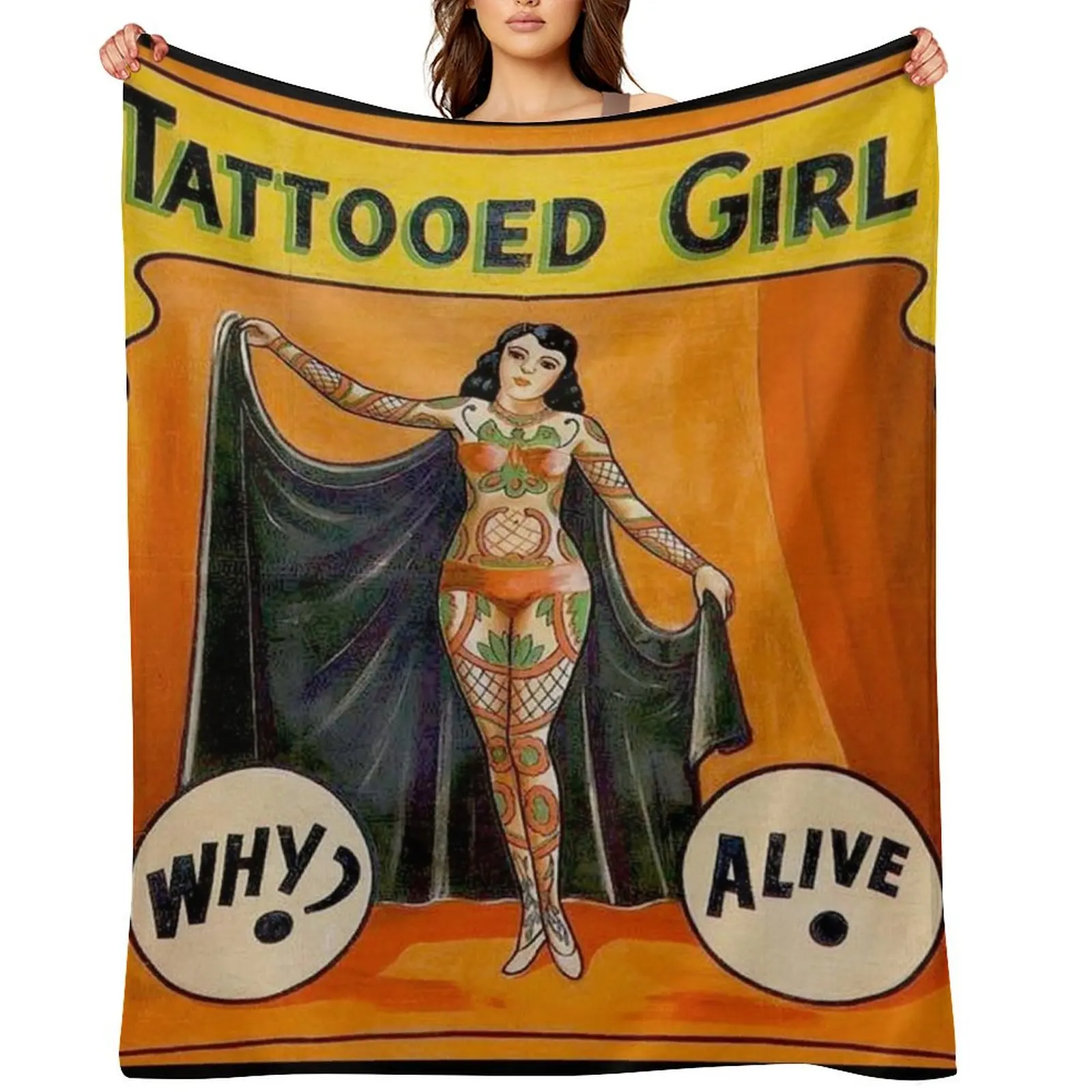

TATTOOED GIRL : Vintage Circus Sideshow Advertising Print Throw Blanket Retros Camping Nap Picnic Blankets
