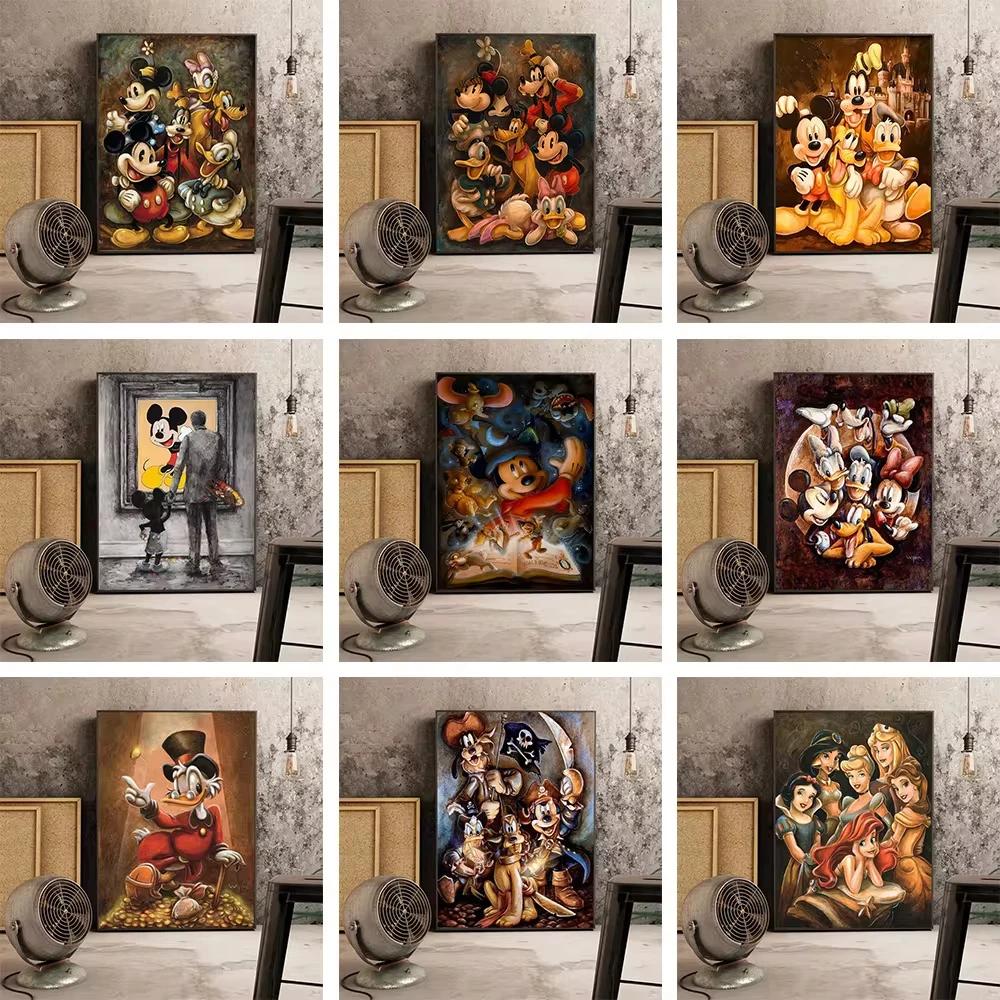 MINISO Disney Mickey Mouse Donald Duck Vintage Wall Mural Home Living Room Bedroom Decorative Art Posters Children's Room Canvas