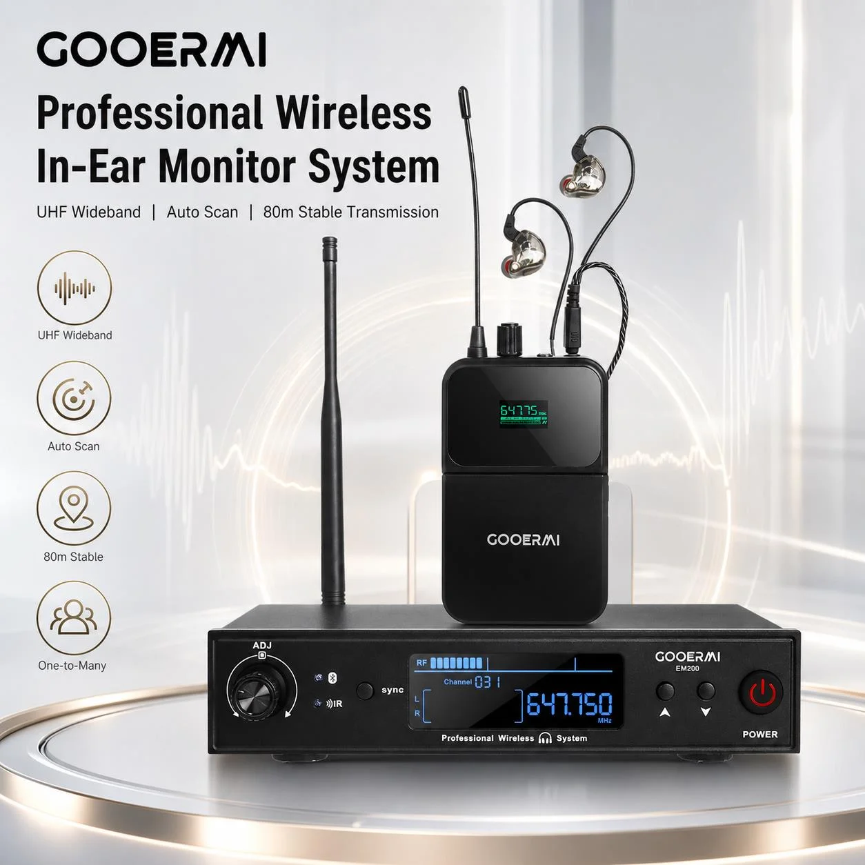 Sistema de monitoramento intra-auricular sem fio Gooermi EM200 UHF Bluetooth 5.0 com baixa latência, mono IEM para performance de palco, banda e estúdio.