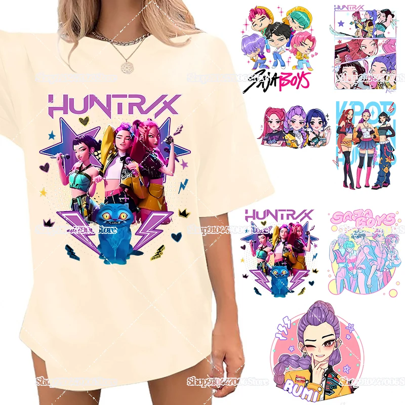 

Anime Film Kpop Demon Hunters Heat Transfer Stickers for Clothes Bags DIY Cartoon Idol Pattern Iron on Patches T-shirt Decals