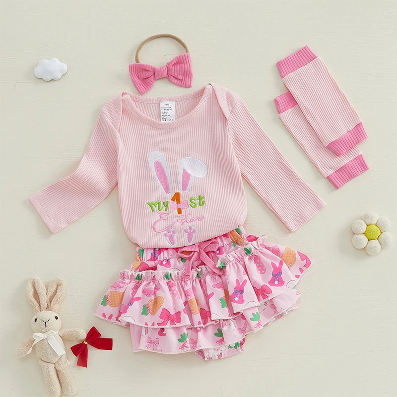 

Toddler Easter Dress Bunny Print Short Sleeve Romper Tutu Skirt Headband Leggings Set for Baby Girls 0-24 Months