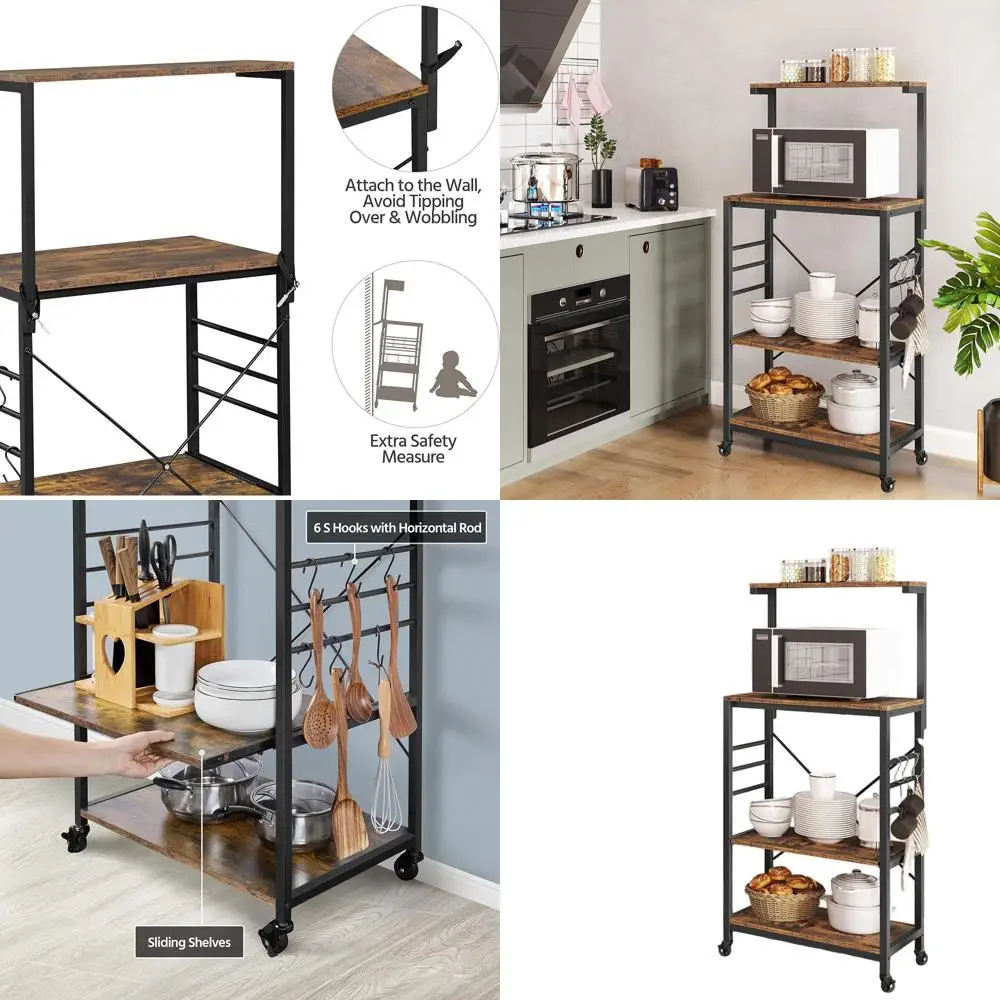 

Регулируемая 4-ярусная кухонная полка для хранения с колесиками и боковыми крючками, цвет: рустик-коричневый