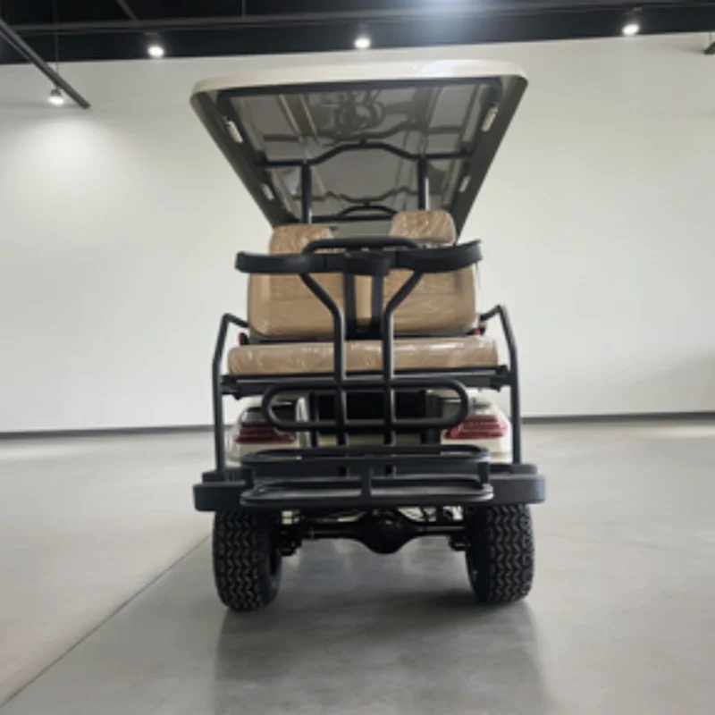 Off Road Electric Golf Cart Shuttle Bus 6 Seater Golf Car 10 Inch Screen With Brown High-End Seats With Armrests Gear Adjustment