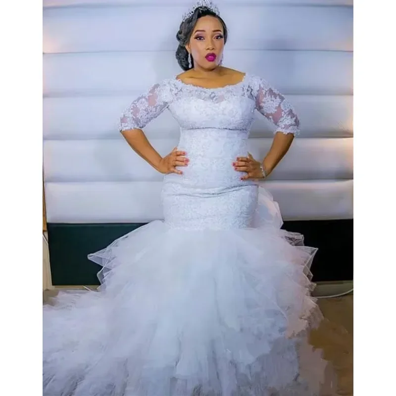 فساتين زفاف مخصصة من الدانتيل من Robe De Mariage للنساء نصف كم مقاس كبير وكشكشة متتالية متدرجة فستان حورية البحر لحفلات الزفاف