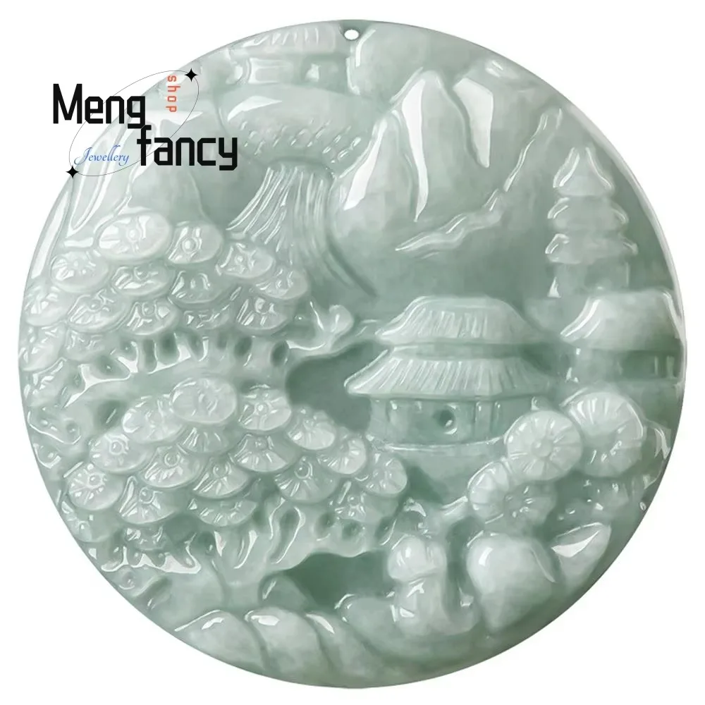 Natural Myanmar A-goods Jadeite Landscape Plaque Jade Pendant Double-sided Carving Exquisite Luxury Fashion Jewelry Holiday Gift