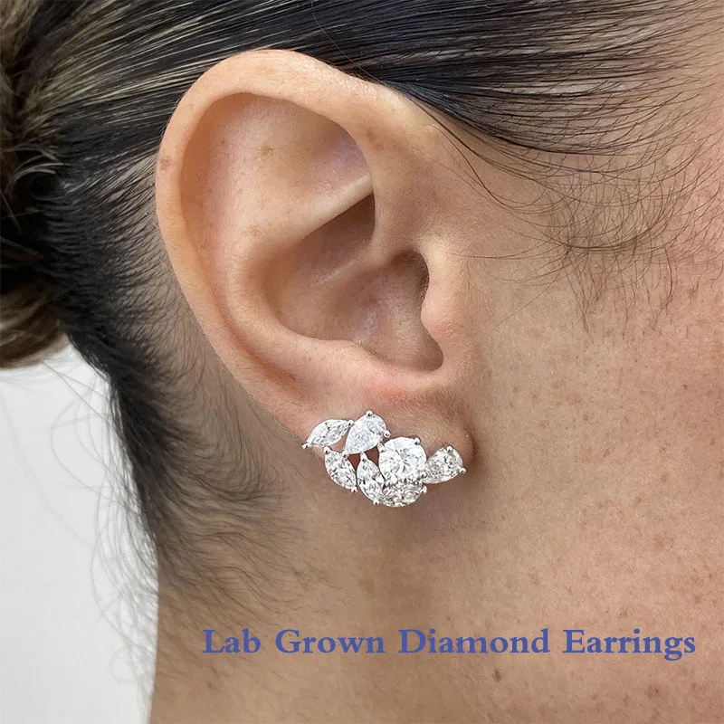 Platinum 950 3.8ctw DEF/VS VVS Round Pear Marquise Cut HPHT Lab Created Diamond Stud Earrings Birthday Gift