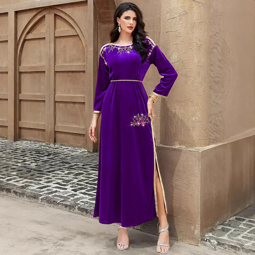 

Fashion Velvet Diamonds Abaya Dubai Luxury Muslim Women Maxi Dress Eid Ramadan Kebaya Caftan Marocain Femme Robe Islam Jalabiya