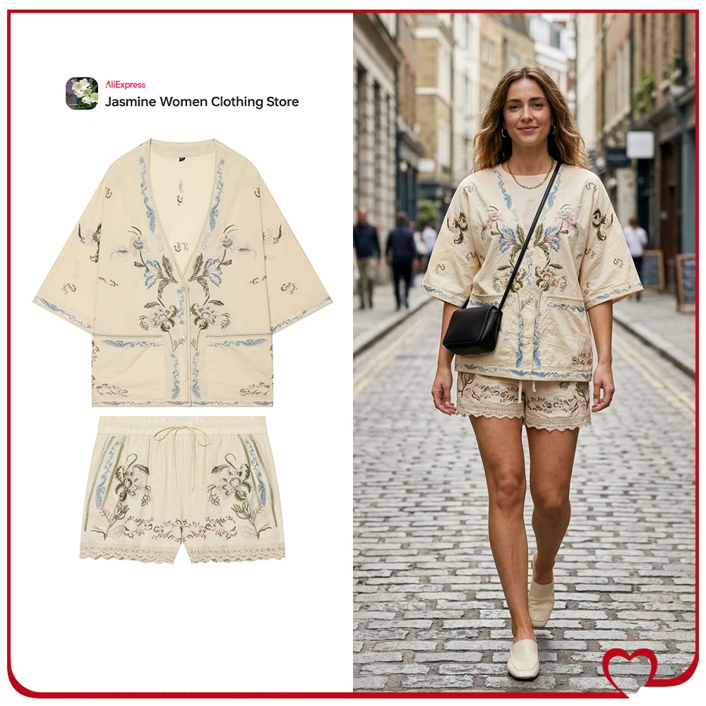 Fabulous Embroidered 2 Piece Sets for Women Summer Matching Sets V-neck Short Sleeves Embroidered Shirt and Shorts with Lace Hem