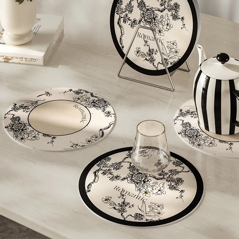 Round Leather Placemat for Coaster,Black and White,Floral Table for Glasses,Tea and Coffee Dishes,Light and Luxury