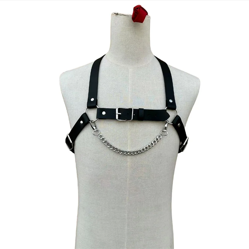 Fetish Gay Faux Leather pettorina da uomo regolabile BDSM cinghie per imbracatura per il corpo Lingerie cinture per pettorina sessuale con catena