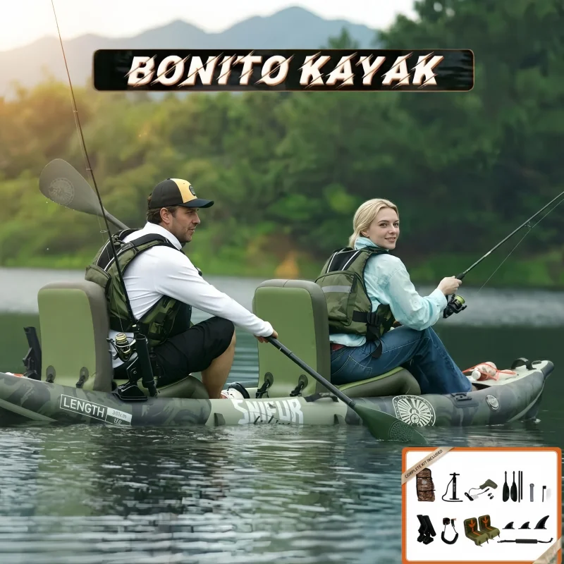 

Funwater 2-Person Inflatable bonito kayak Complete 12'*41" *6" with Paddle & Rod Holders Adjustable Seats and Carry Handle
