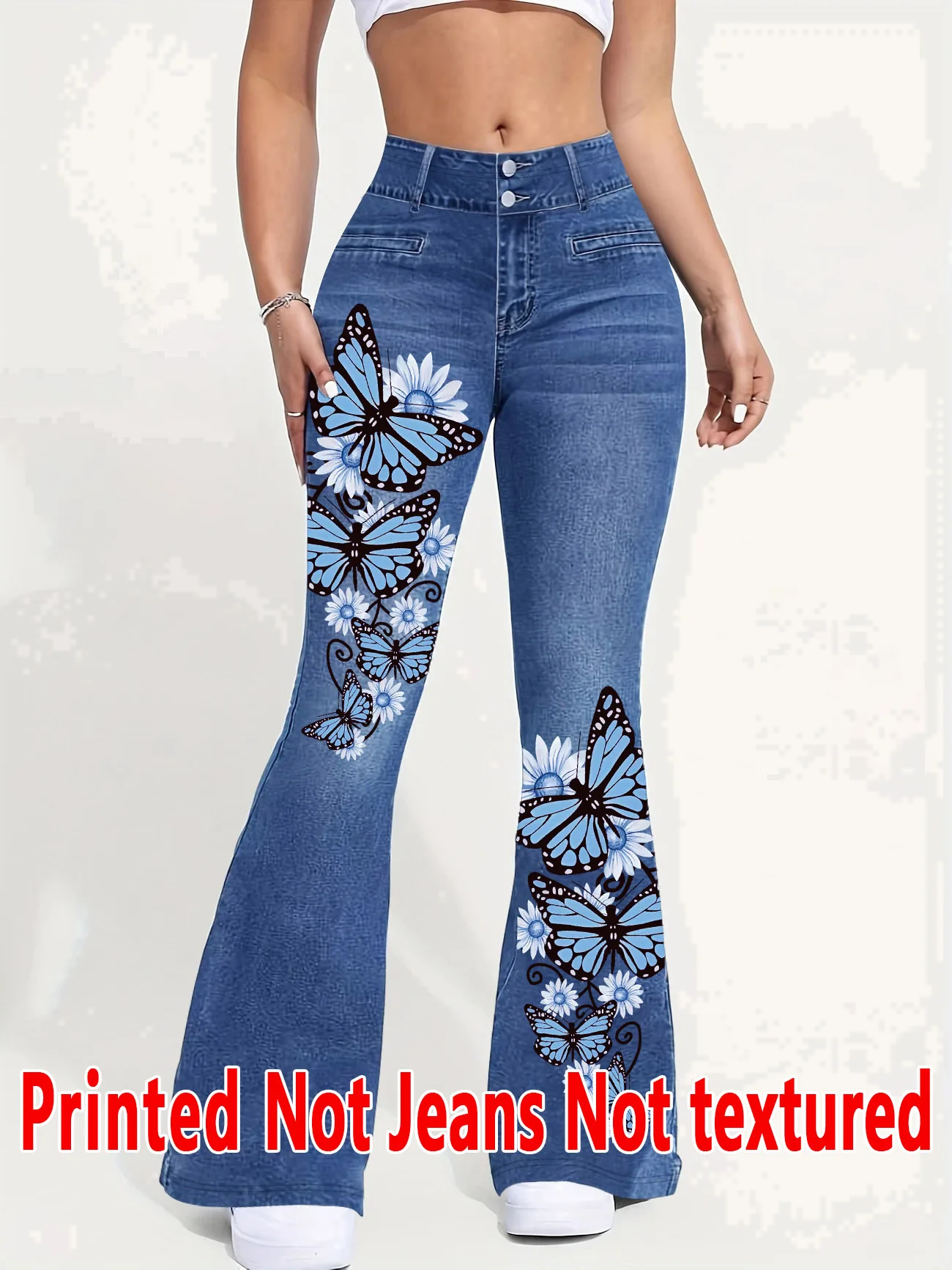 1267  Non- Denim Fabric Floral Print Bell Bottom Pants Women's Long Trousers Denim Look Hole Design Four Seasons Wear
