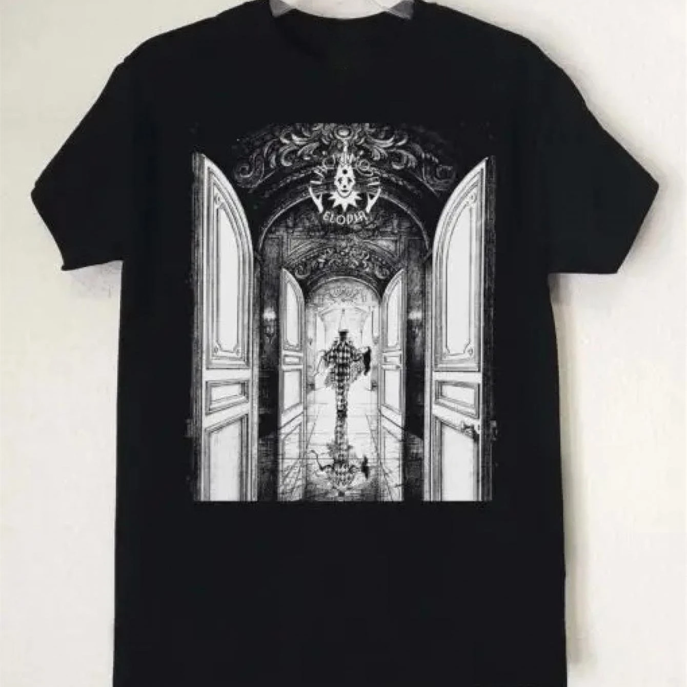 Lacrimosa Elodia Camiseta con estampado gráfico gótico bohemio para hombre, diseño en blanco y negro, manga corta, cuello redondo, Top informal