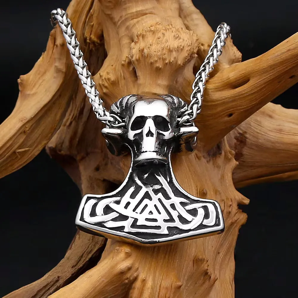 Vintage Viking Skull Thor Hammer Celtic Knot Pendant Necklace Stainless Steel Sheep Head Necklace For Men Women Fashion Jewelry