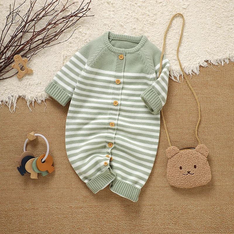 

Baby Rompers Long Sleeve Knitted Autumn Winter Casual Newborn Boy Girl Stripes Jumpsuits Playsuits 0-18m Infant Outwear Overalls