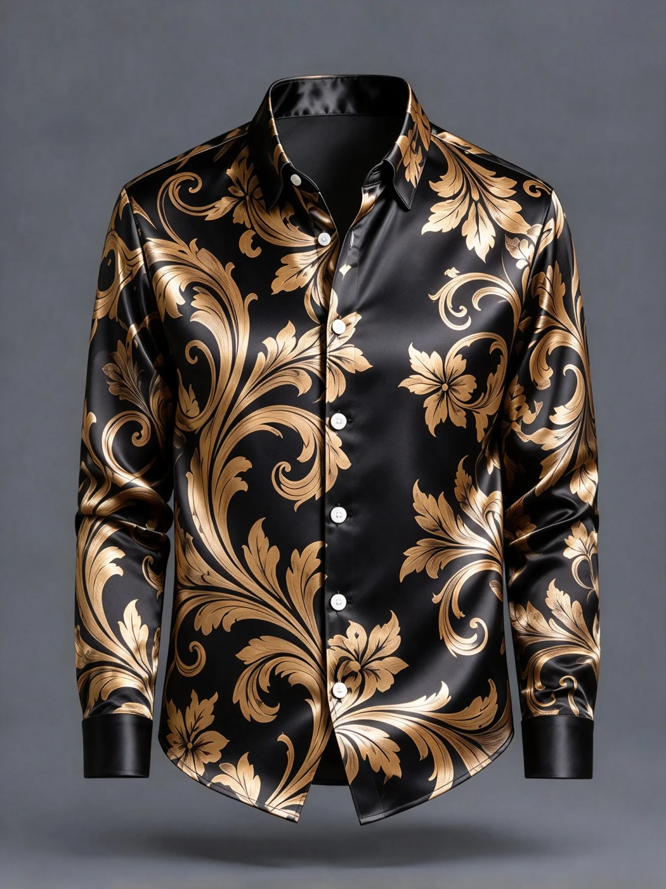 Men Luxury Satin Long Sleeve Shirt Black Golden Baroque Floral Print Glossy Button Up Dress Shirt