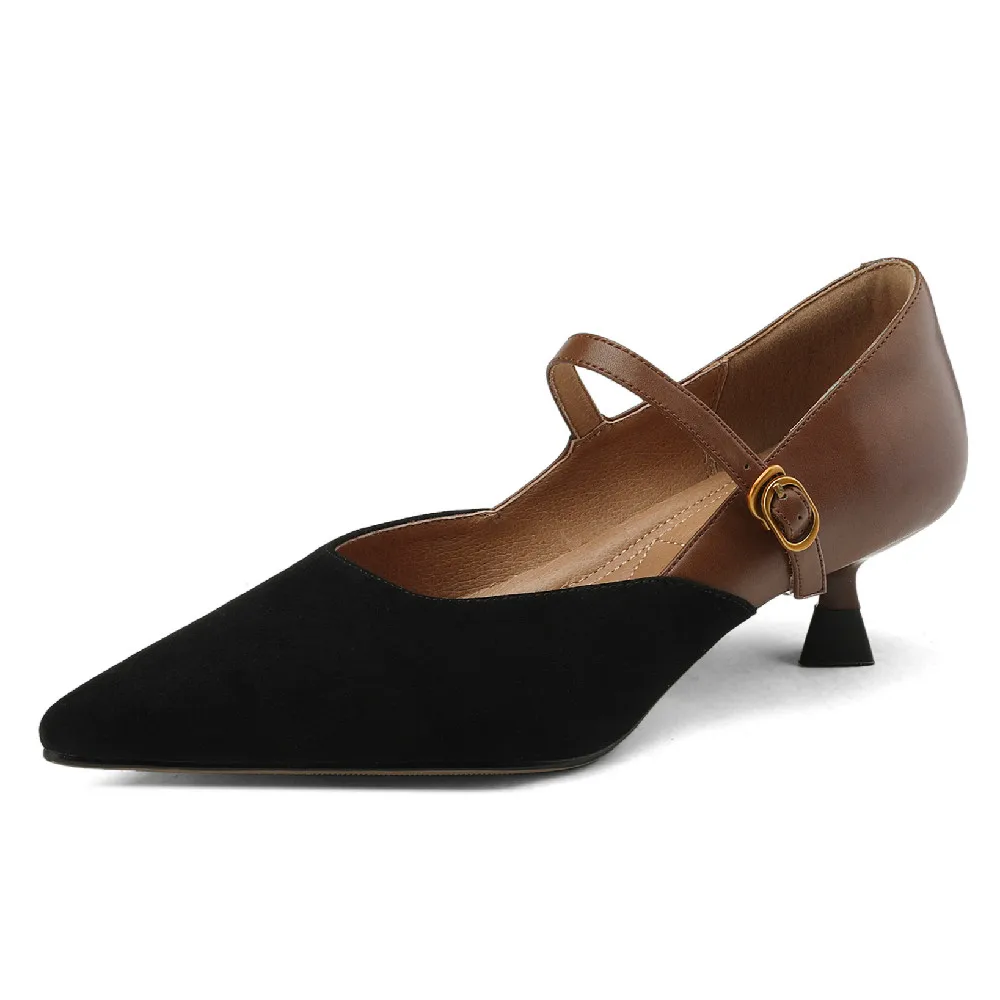 Plus rozmiar 34-42 damskie naturalne zamszowe skórzane patchworkowe kocie obcasy szpiczaste czółenka mary jane eleganckie damskie obcasy — zdjęcie 2