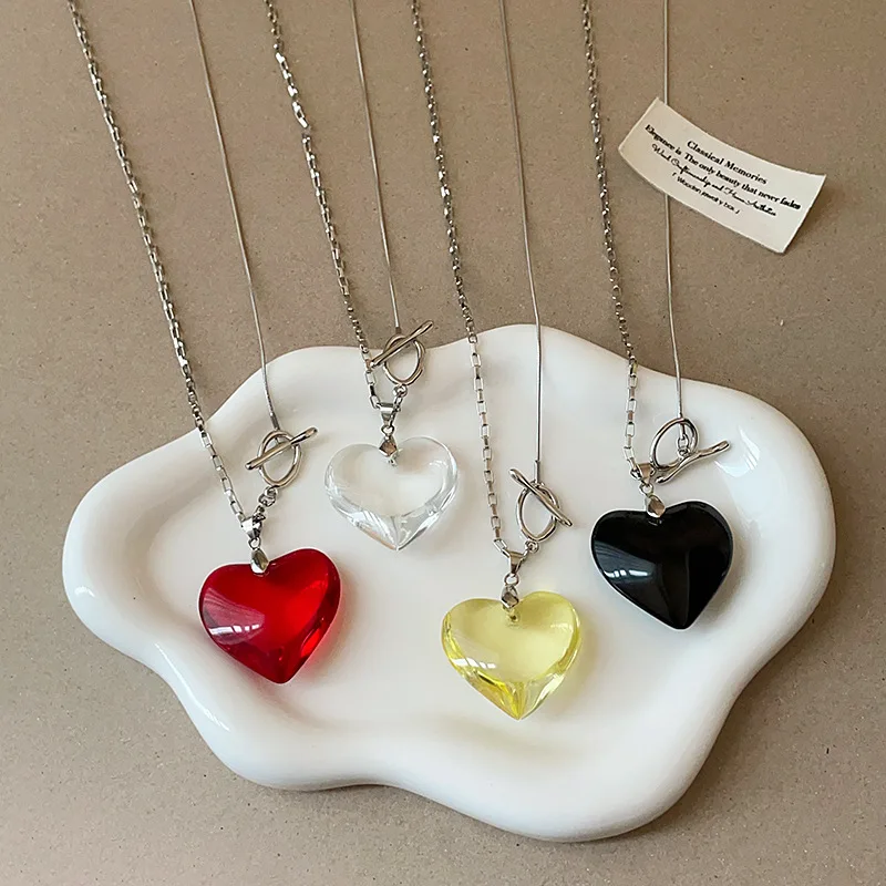 Minar na moda transparente vermelho preto amarelo vidro coração pingente colares para mulheres prata oco link corrente alternar fecho gargantilhas