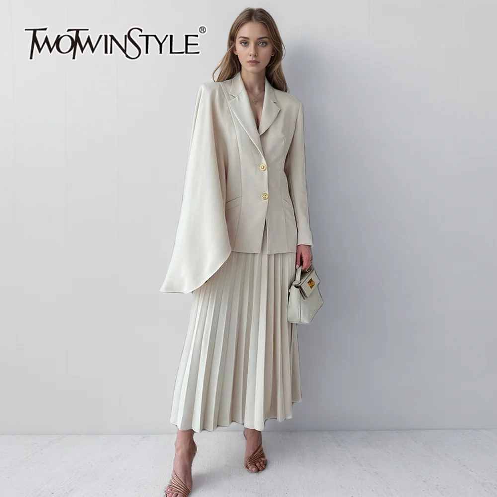 

TWOTWINSTYLE Elegant Two Piece Set For Women Notched Collar Asymmetrical Long Sleeve Blazer High Waist Skirt Loose Sets Female