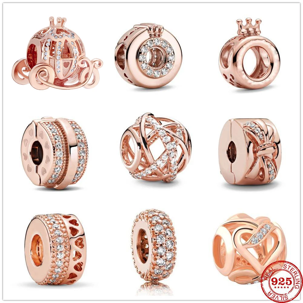 New 925 Sterling Silver Rose Gold Pavé Lines Bow Clip charms Crown O DIY Fine beads Fit Original Pandora Charm Bracelet Jewelry