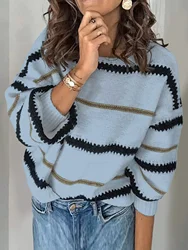 Harajuku Loose Sweater Vintage Batwing Sleeve Striped Knitted Jumpers Casual Office Lady Knitting Tops Elegant Cloth