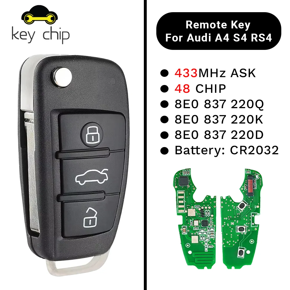 

8E0837220Q/8E0837220K/8E0837220D Flip Remote Key 433MHz ASK 48 CHIP 3buttons 2008 2009 2010 2011 2007