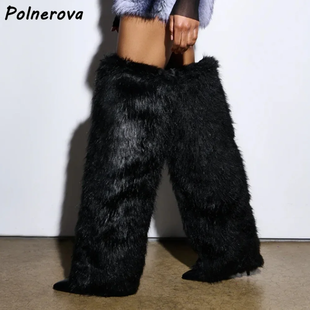 Furry Warm Thigh High Boots Pointy Toe Thin Heels Slip On Fashion Luxury Shoes Winter Sexy Women Concise Black Beige Boots 2025 - Image 5