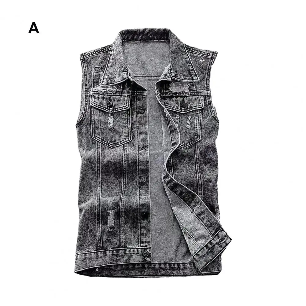 Lapel Collar Sleeveless Jacket Men's Denim Waistcoat with Lapel Ripped Holes Single Breasted Vest Coat with Flap Pockets High