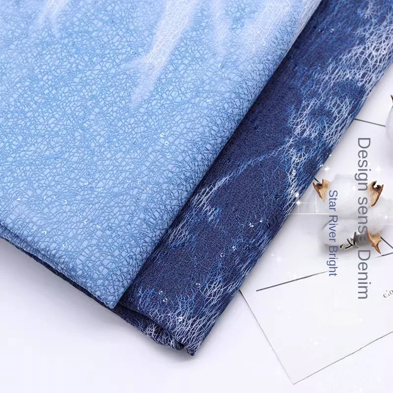 Ice Cracks Lace Composite Washed Denim Fabric Thin Soft for Clothing Coat Dress Designer Diy Sewing Meterial Wholesale Cloth