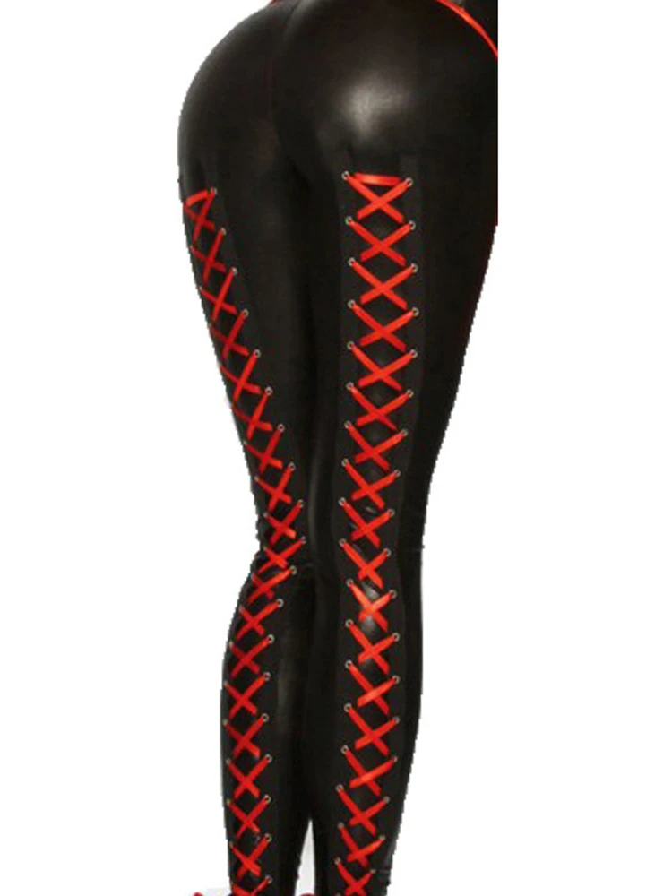 Women Ribbon Novelty Pencil Pants New Nightclub Bandage Sexy Leggings Red Black Faux Leather Leggins Streetwear Jogging