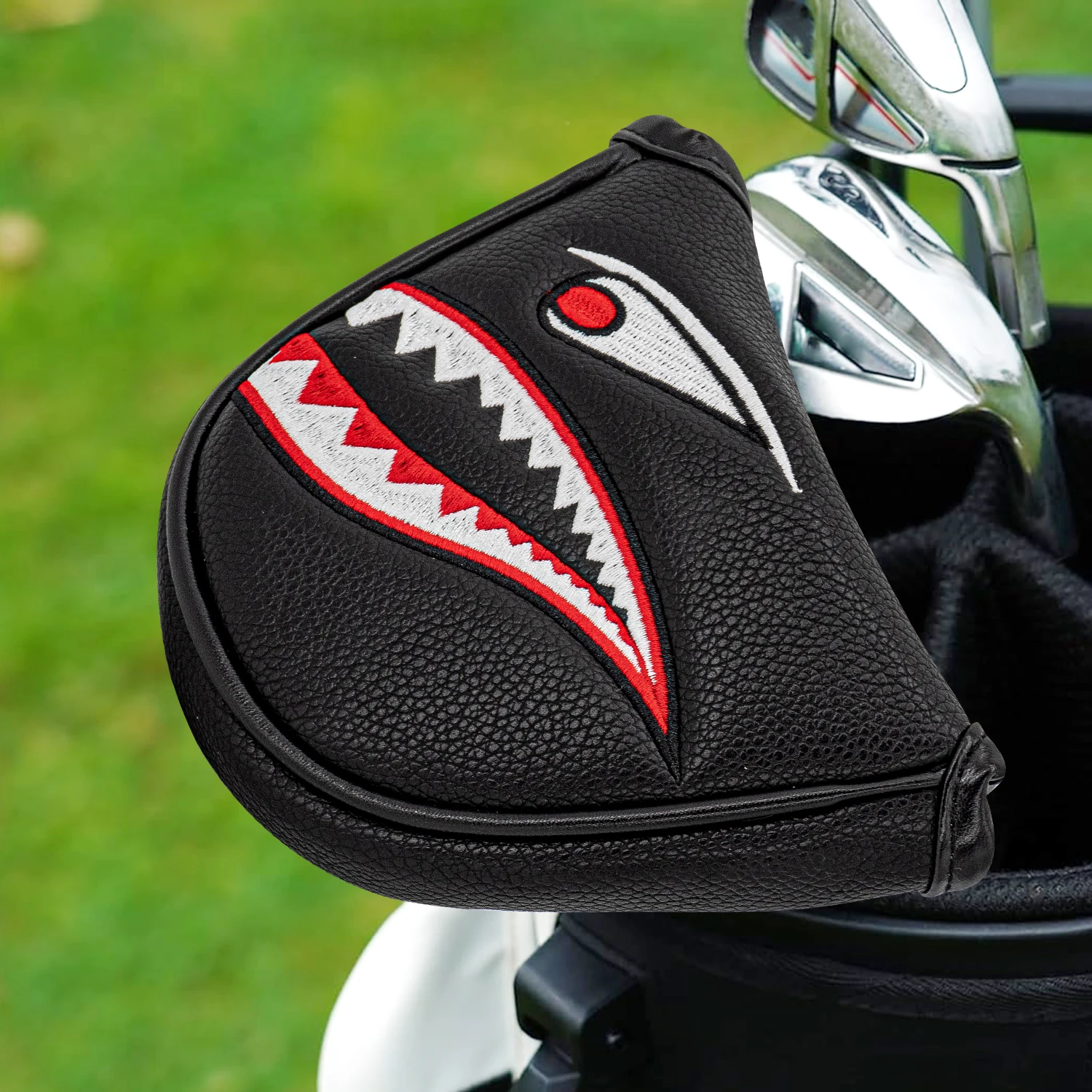 1PC Golf Mallet Putter Head Cover, Black Shark Pattern Embroidery Golf Putter Headcover, Protective Golf Accessory