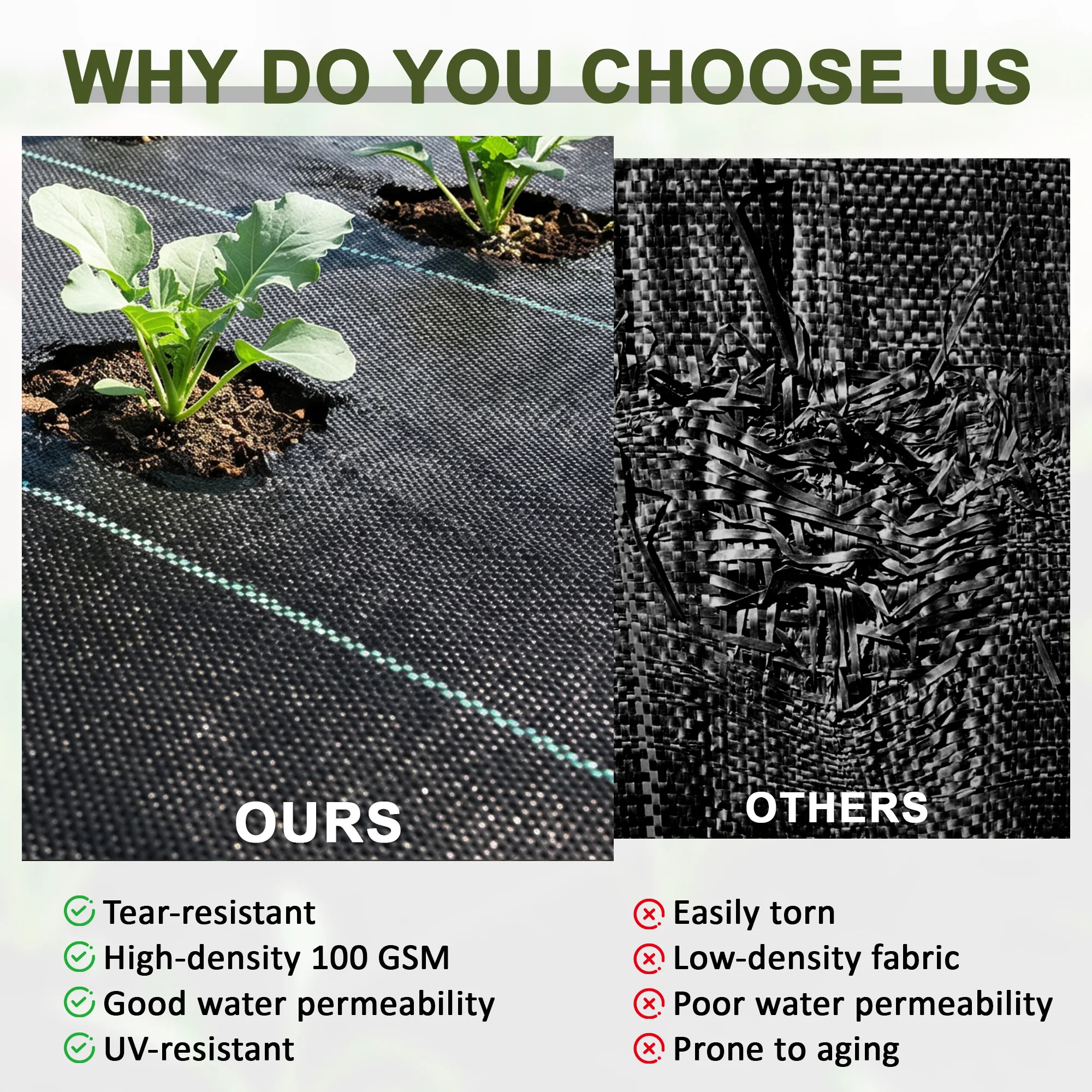 2X50M Heavy-Duty Weed Barrier Landscape Fabric Durable Weed Block Gardening Mat