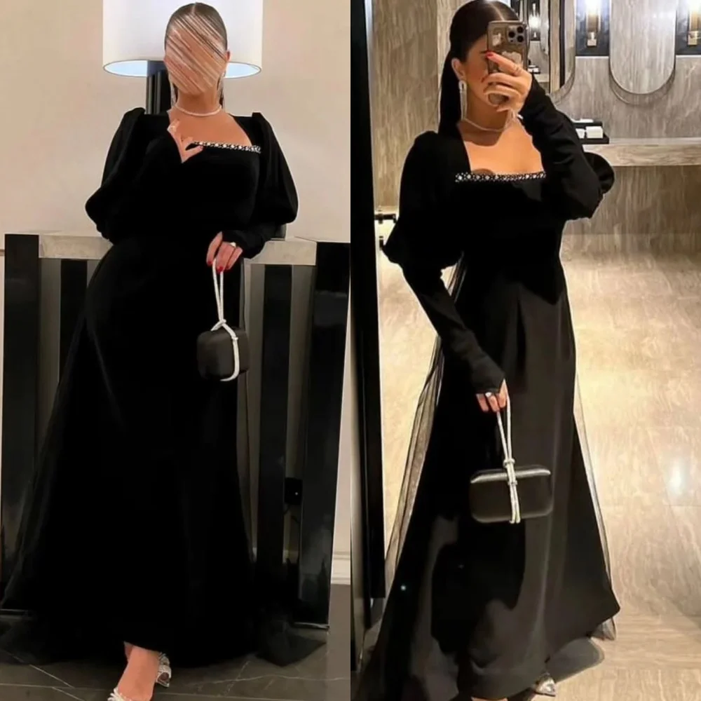 Customized Black Jersey Prom Dresses Mermaid Long Sleeves Homecoming Gowns Elegant Square Collar Saudi Arabia Evening Dress
