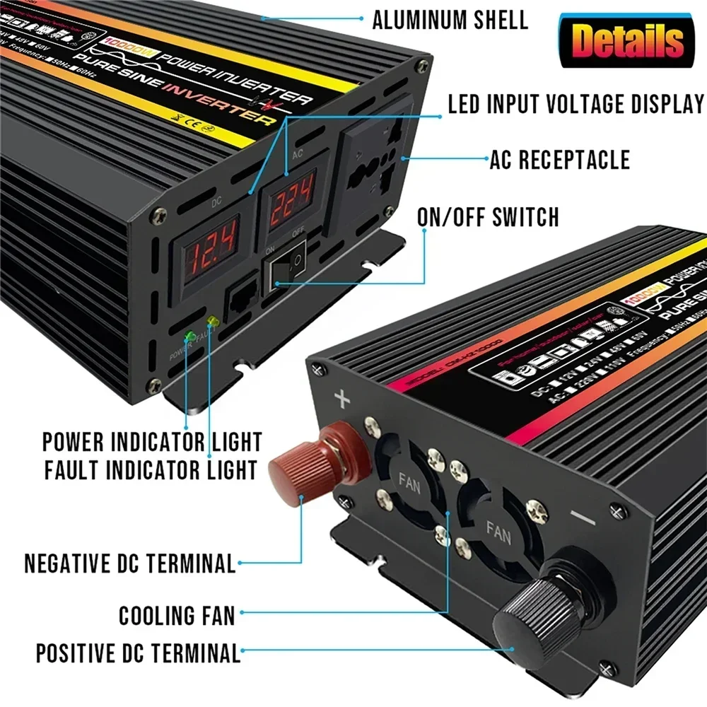 12000W/10000W Pure Sine Wave Power Inverter LED Display Power Inverter Transformer 12V 24V 48V 60V TO 220V Voltage Converter