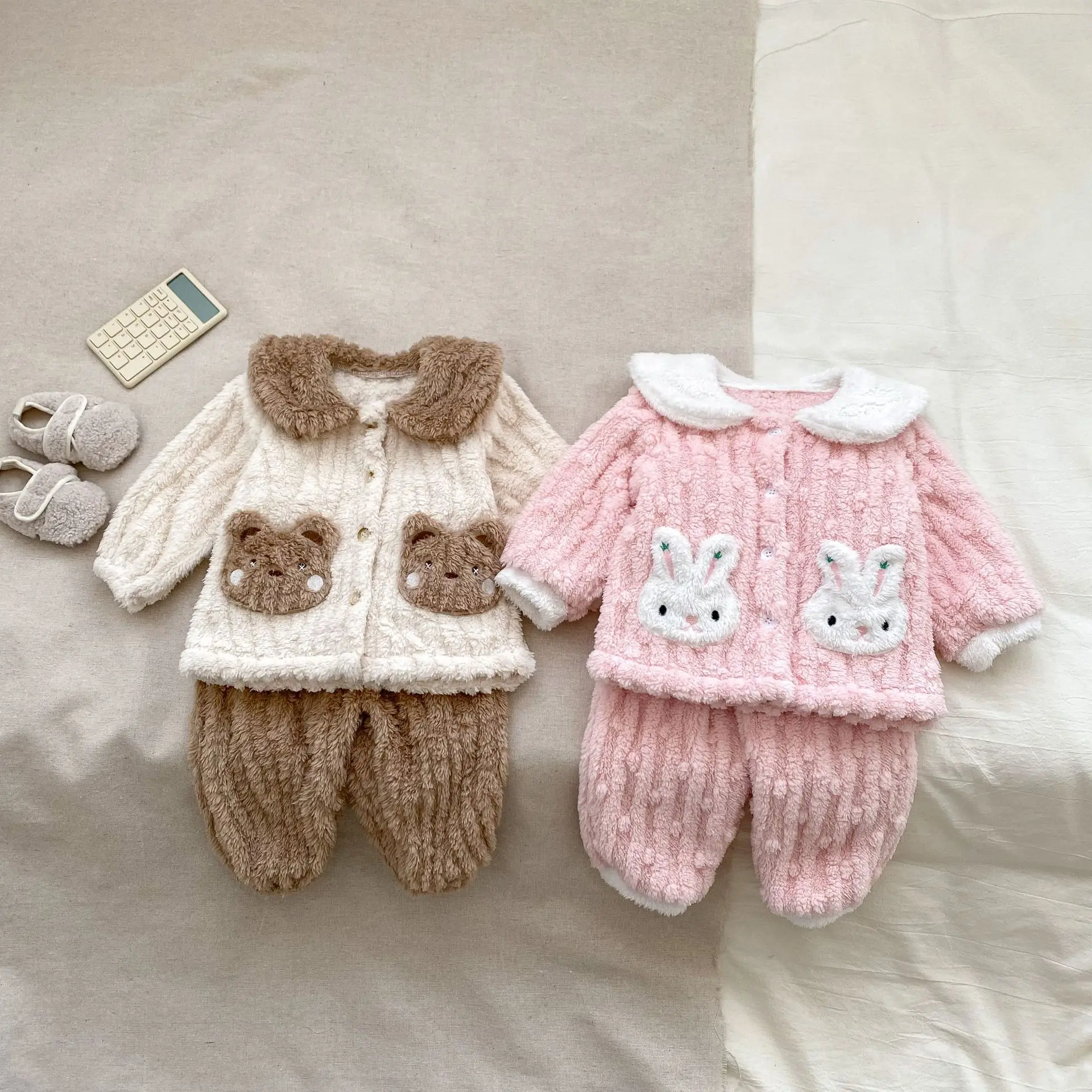 2024 Winter New Baby Cartoon Fleece Pajamas Set Infant Girl Plus Velvet Thick 2pcs Suit Toddler Boy Warm Plush Home Wear Outfits