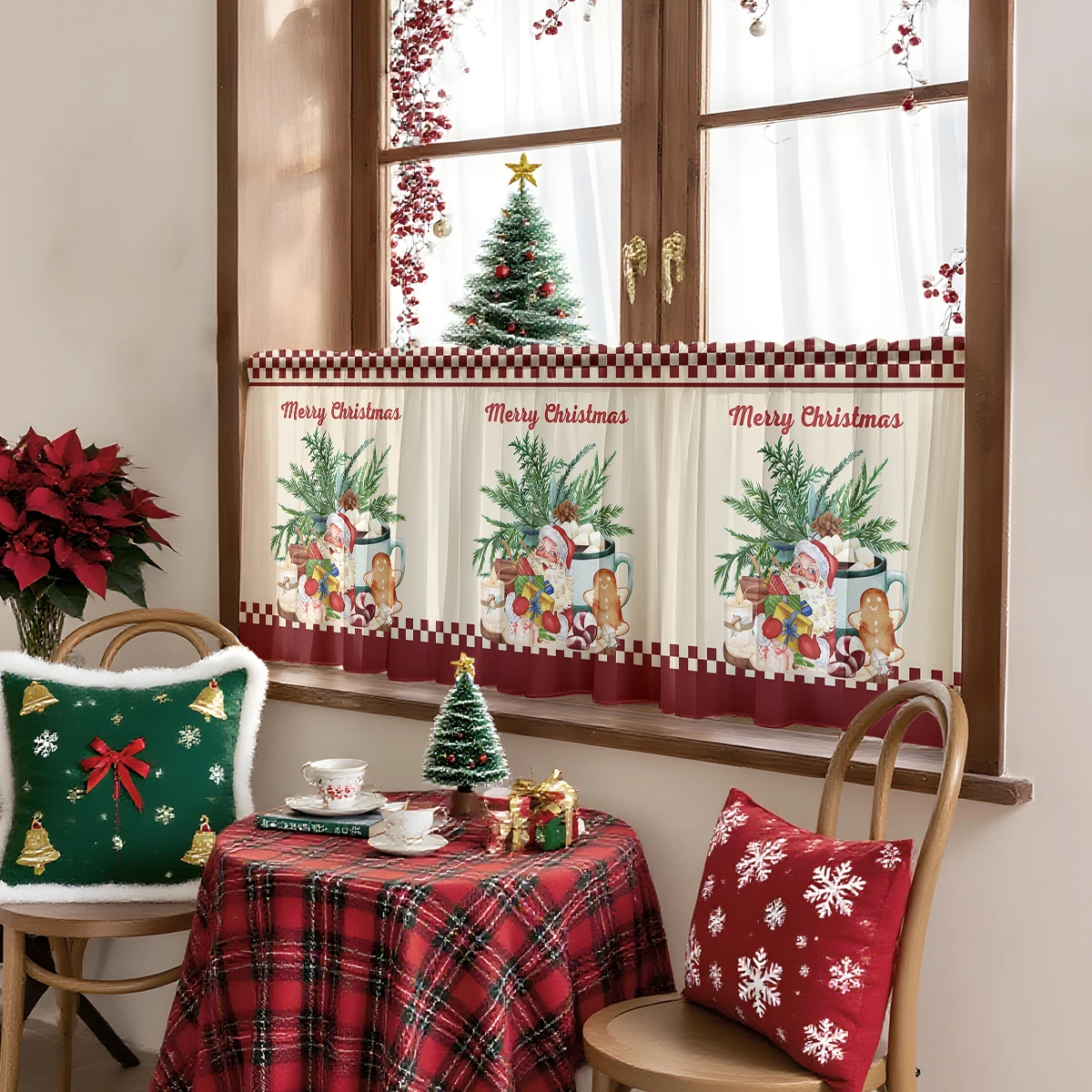 1 Piece of Santa Claus Food-Themed Kitchen Curtain, Beige Background with Christmas Creative Pattern Design, Suitable for Decorating Small Curtains in Kitchens, Cafes, Etc