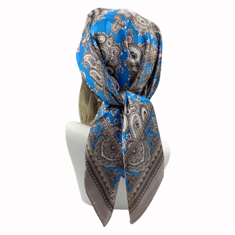 90*90 سنتيمتر مربع الأوشحة الحريرية النساء الحجاب شالات موضة طباعة منديل فام وشاح الرأس Foulard باندانا الشاطئ صوفية