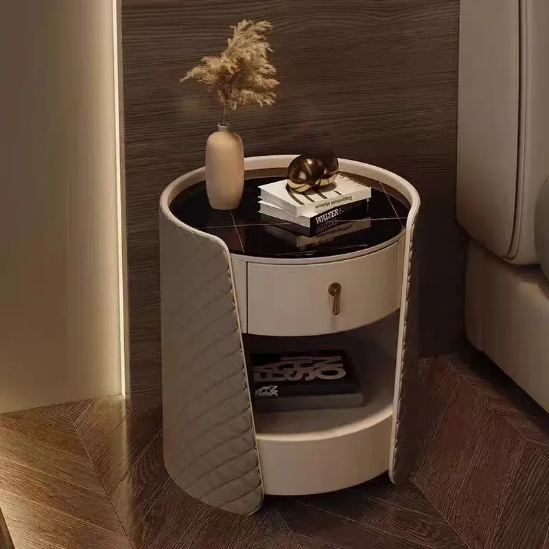 

Light luxury round solid wood bedside table simple modern Italian bedroom leather rock slab high-end bedside table small
