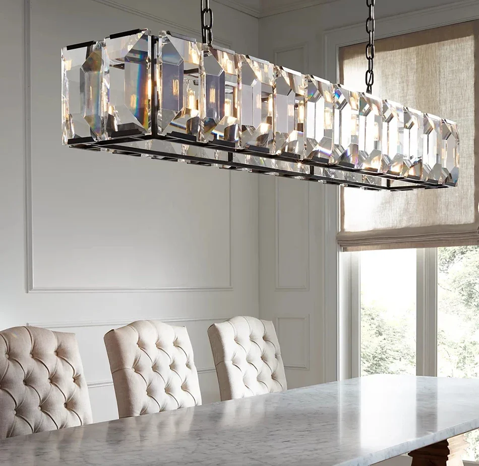 Modern Retro Black Crystal Rectangular Chandelier for Dining Room Kitchen Island Decorative Lighting Lamp