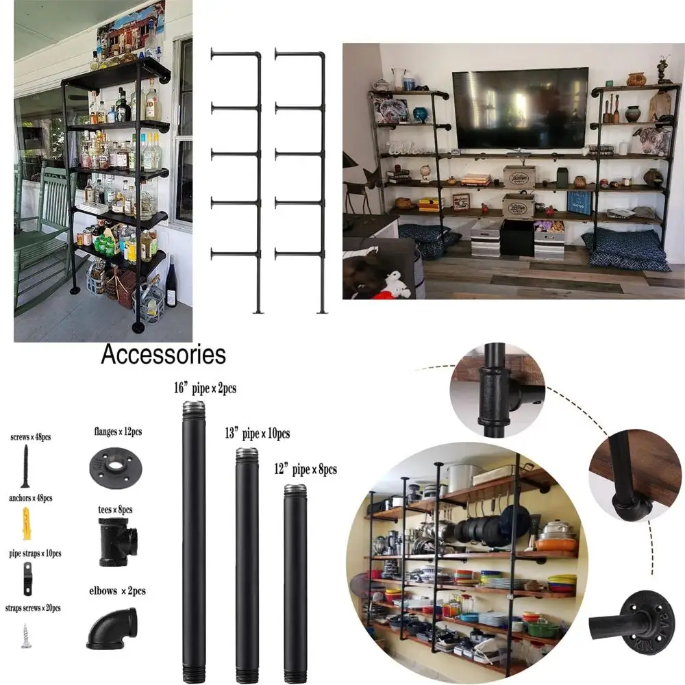 

Rustic Wall-Mounted Iron Pipe Shelf, Vintage DIY Open Bookshelf, Storage Racks, Ceiling-Mounted Shelves for Home, Kitchen, and B