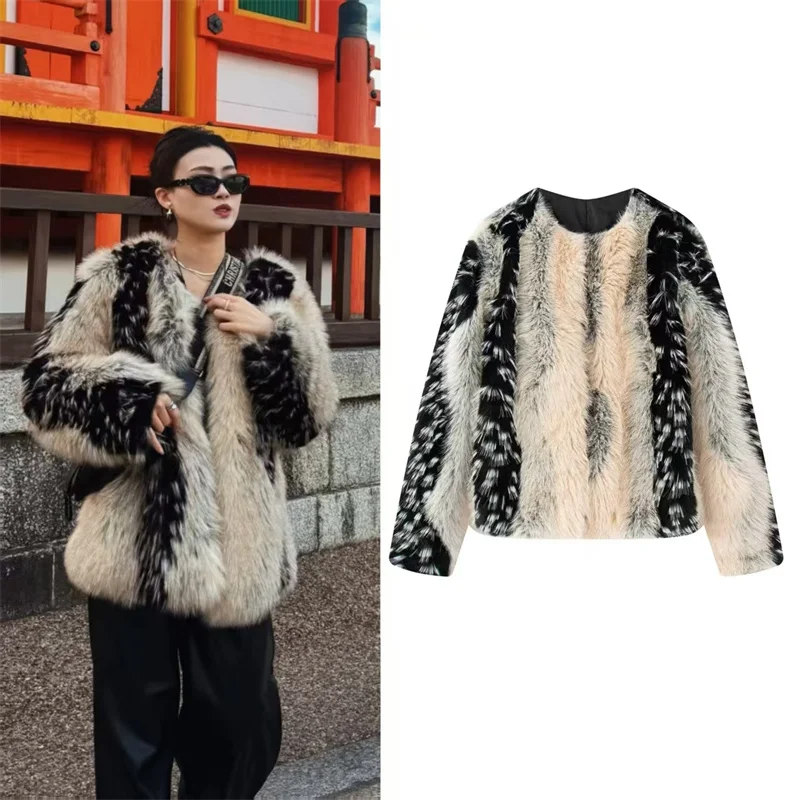 

Women's Jacket 2025 Winter New Color-Block Long-Sleeve Faux Fur Coat Warm and Stylish Unique Fashion Elegant Charm