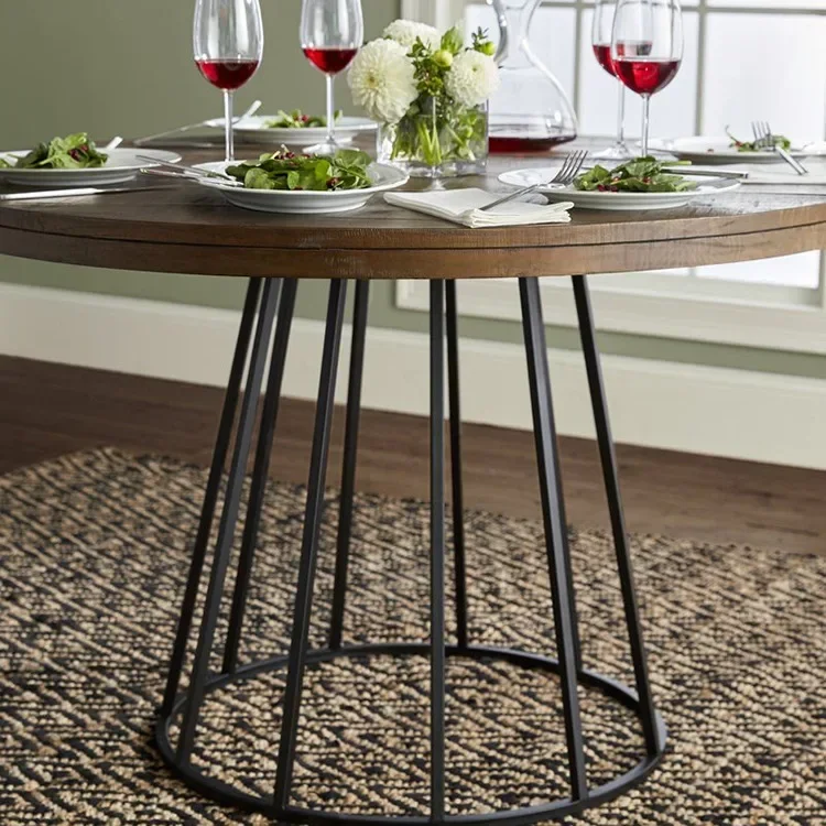 Vintage distressed solid wood round coffee table, wrought iron leisure coffee, creative bar restaurant table
